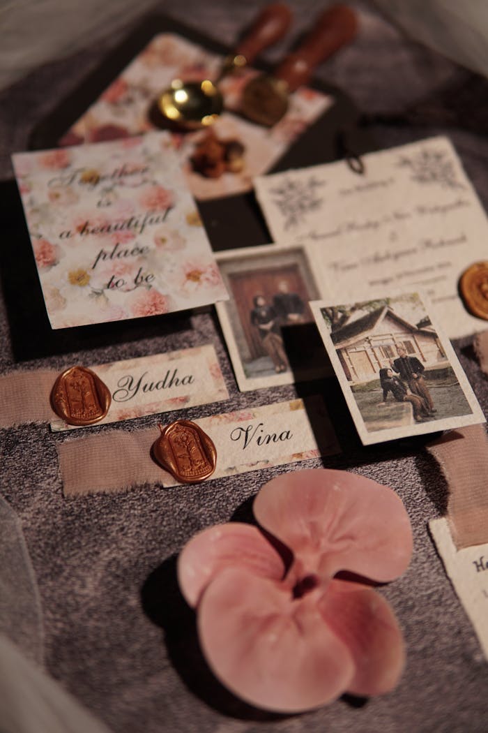 Crafting Captivating Headlines: Your awesome post title goes here Stylish wedding invitation flat lay with floral accents, wax seals, and pink orchid petals.
